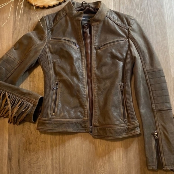 Black Rivet Jackets & Blazers - BLACK RIVET LEATHER JACKET WITH FRINGE ON THE ARMS